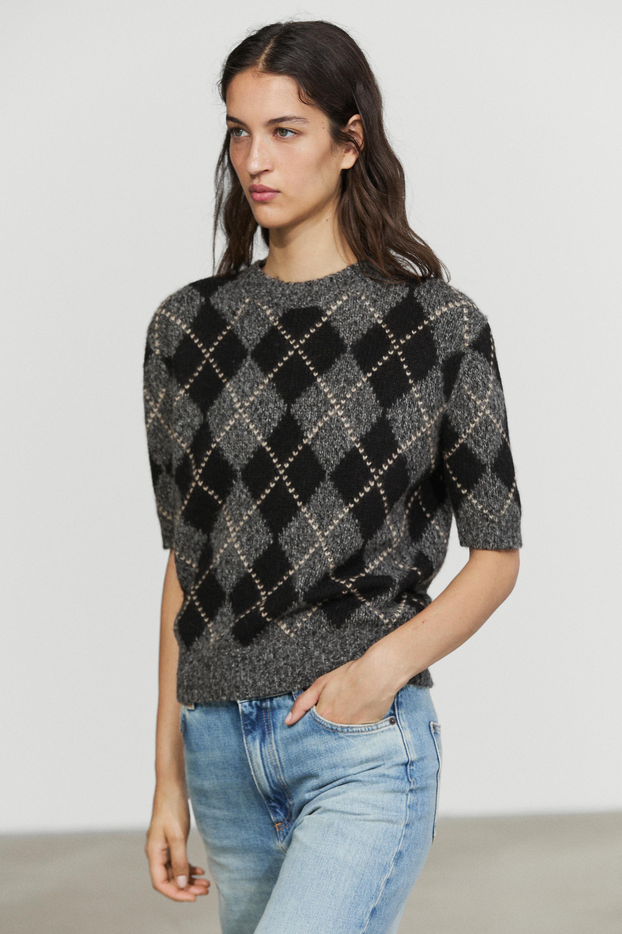 Pull en maille manches courtes à motif losanges cachemire